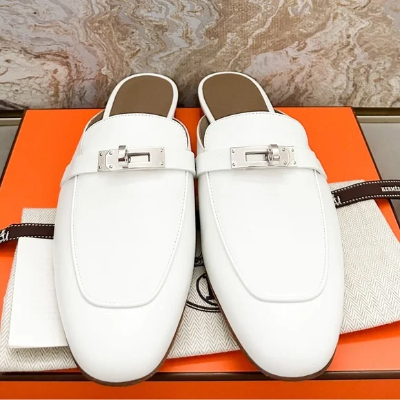 In Stores! New! Hermes Oz White Calfskin Leather Mule
